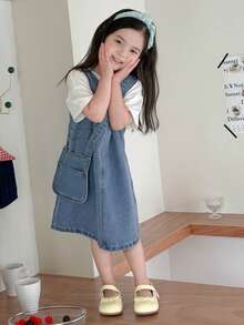 DAZY Đầm denim không tay kèm túi đeo chéo, dáng rộng cho bé gái (size nhỏ) - Rửa trung bình - Xem 4