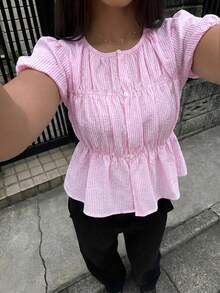 Aloruh 条纹短袖衬衫，休闲通勤办公装 - 粉色 - 查看 1
