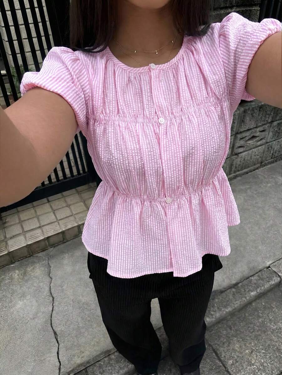 Aloruh 条纹短袖衬衫，休闲通勤办公装 - 粉色 - 查看 1