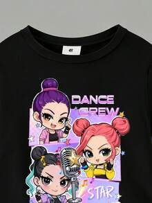 2pcs/Set Young Girls' Fashion Hip Hop Girl Group Star Print Short Sleeve Top And Space Theme Colorful Music Note Print Pocket Cargo Pants Outfit Set - Multicolor - View 5