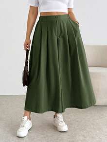 Pantalones/faldas cortas plisadas de cintura elástica, cómodos y sueltos, de estilo básico y versátil, para uso diario, que estilizan la figura, en color albaricoque, para mujeres de talla grande, para primavera/verano - Verde militar - Ver 11