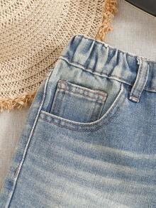 SHEIN Shorts en jean taille haute élastique bleu clair délavé style Y2K pour préadolescentes, shorts d'été bohème de plage, shorts chics décontractés pour festival de musique, shorts de vacances, de remise des diplômes, nouveaux shorts en jean streetwear doux printemps/été - Jean clair - Voir 3