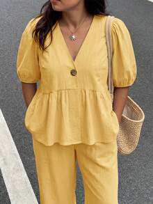 Enliva Plus-Size Women's Ruffled Puff Sleeve Two Pieces Set, V-Neck Cardigan Top And Stretch Waist Trousers Set - Yellow - View 6