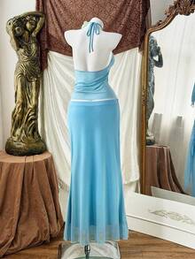 Sunnyshic Bộ đồ đi nghỉ hè gợi cảm, quyến rũ gồm áo croptop không dây và chân váy mini ôm sát. - Màu xanh lam - Xem 2