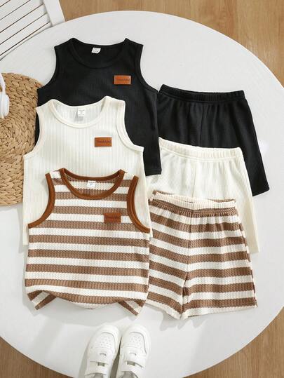 SHEIN 6pcs Kids Boys Casual Sleeveless Crew Neck Top And Shorts 2 Pieces Sets, Buy 2 Get 1 Free, Comfortable Versatile Outfits For School, Garden, Beach, Birthday, Suitable For Spring, Summer, Fall, Winter Seasons