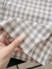 SHEIN Frenchy Quần nữ kẻ caro dáng thường ngày có dây rút ở eo - Màu be - Xem 5