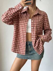 Áo sơ mi vải lanh kẻ caro đỏ dáng regular dành cho nữ cỡ lớn - Nhiều màu - Xem 3
