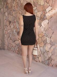 FER DURAN FER DURAN Polka Dot Sleeveless Ruched Waist Fitted Short Elegant Dress For Women, Spring/Summer Party - Black - View 2