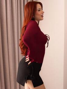 SHEIN Sweetro 蝴蝶结蝴蝶结系带性感开叉 A 字型女式迷你裙，春夏设计 - 黑色 - 查看 6