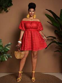 Plus Size Women's Elegant Vacation Party Strapless Tube Short Sleeve Mini Dress - Red - View 6