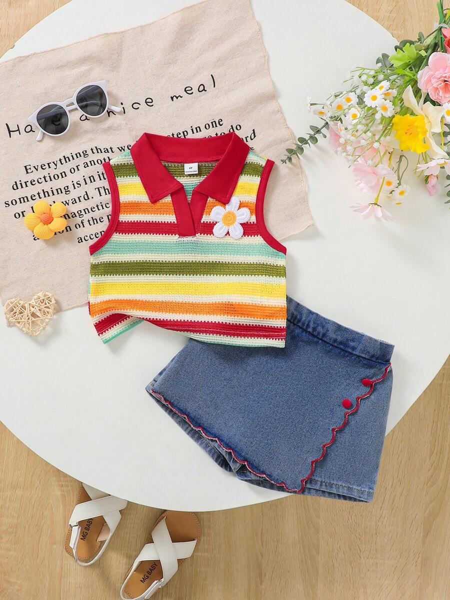 SHEIN Elladie kids 2件組少女夏季杏色紋理針織領拼接愛心背心上衣與牛仔裙褲,荷葉邊下擺櫻桃刺繡復古套裝 - 紅色 - 查看 1