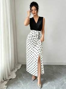GlowEve Đầm nữ chấm bi đen trắng cổ chữ V không tay, eo nhún, dáng xòe, thích hợp cho hẹn hò, đi làm, đầm dài. - Đen và trắng - Xem 5
