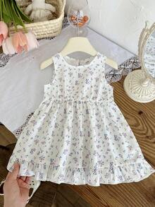 SHEIN Đầm hè không tay cổ tròn cho bé gái, họa tiết hoa tinh tế với nơ trang trí phía sau, thiết kế thắt eo với viền bèo nhún, thoải mái và giản dị cho hoạt động ngoài trời, kỳ nghỉ và mặc hàng ngày. - Nhiều màu - Xem 3