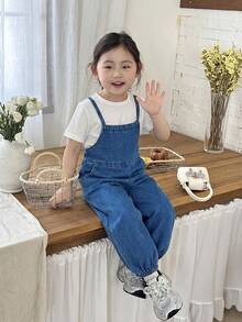 Young Girl' Blue Denim Loose Jumpsuit With Adjustable Straps - Medium Wash - View 5