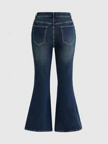 ROMWE Hippie Plus Size Retro Vintage Washed Denim Flare Pants With Butterfly & Floral Pattern - Navy Blue - View 5