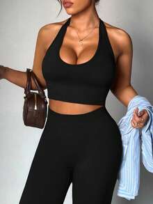 Dewbera Dewbera Plus Size Women Sexy Minimalist Solid Color Backless Halter Top And High Waist Leggings Sports Suit - Black - View 2