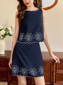 Vintamour Vintage Classic Elegant 2-Piece Set, Spring/Summer Boat Neck Top And Short Skirt, Floral Print 2-Piece Set, Wave Hem Embroidered 2-Piece Set, Navy Blue 2-Piece Set New Arrival Dress For Women Casual Graudation Dress For Women Fleurora Spring And Summer Elegant Dress Outer Wear For Sleeveless Dress - Navy Blue - View 7