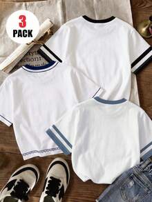 3 Pack Girls' Casual Minimalist White Summer T-Shirt,Bow Rider English Print Round Neck Short Sleeve Tee,Back-To-School School Style Daily Wear - Multicolor - View 2