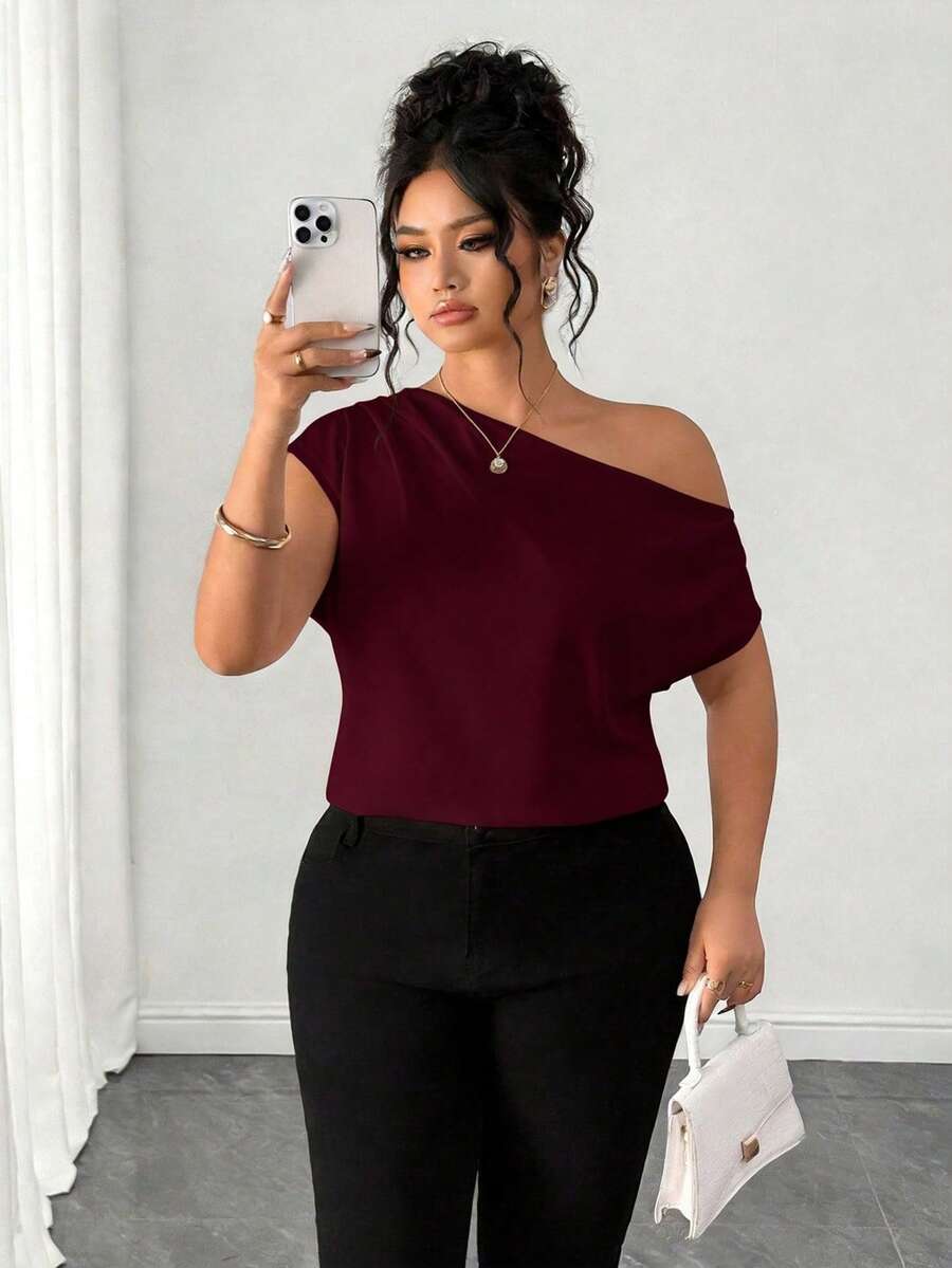Elenzga Plus Size Women's Asymmetrical Shoulder Versatile Casual Blouse, Suitable For Spring/Summer, Commuting, Daily Wear, And Romantic Occasions - Burgundy - View 1