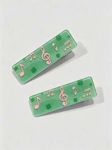 ROMWE Anime 2 Presilhas de Cabelo Fofas com Trevo e Nota Musical, Presilha de Cabelo Acrílica Vintage, Design de Presilha de Cabelo com Nota Musical para Uso Diário - Verde - Visão 1