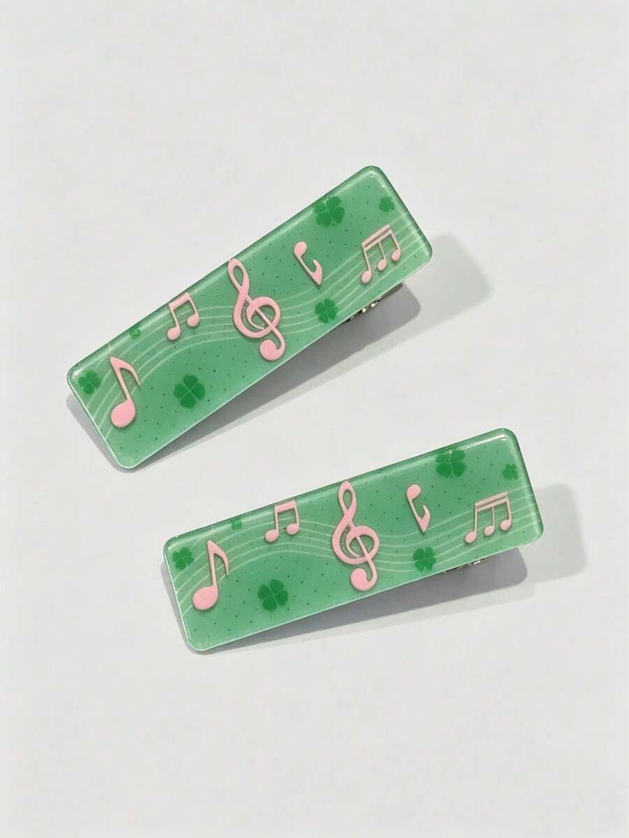 ROMWE Anime 2 Presilhas de Cabelo Fofas com Trevo e Nota Musical, Presilha de Cabelo Acrílica Vintage, Design de Presilha de Cabelo com Nota Musical para Uso Diário - Verde - Visão 1