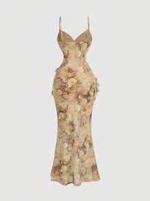 MOD Vestido largo de tirantes con cuello en V, parches, volantes, abertura alta y estampado floral teñido anudado - Multicolor 2 - Ver 11