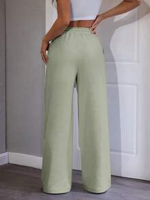 SHEIN PETITE Pantalones de chándal de mujer de punto de unicolor, cómodos y casuales con pierna ancha - verde menta - Ver 2