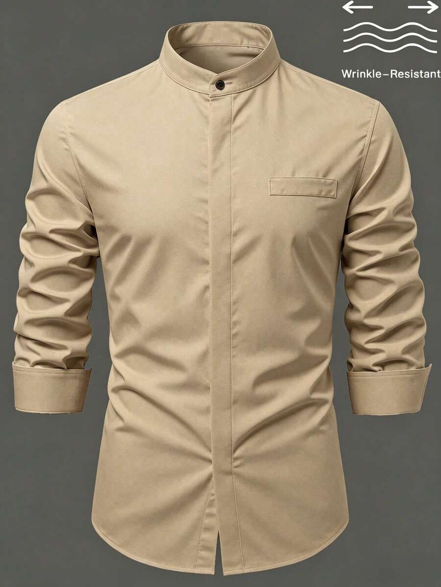 Calvornis Men's Solid Color Business Wrinkle-Resistant Moisture-Wicking Quick-Dry Formal Shirt, Spring/Summer, Ceremony - Khaki - View 1
