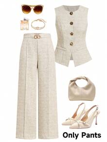 Gownix Pantalones de pierna ancha de tela texturizada elegante para mujer, pantalones largos para todo el año, versátiles para oficina, negocios, múltiples ocasiones, día de negocios, beige, otoño - Albaricoque - Ver 1