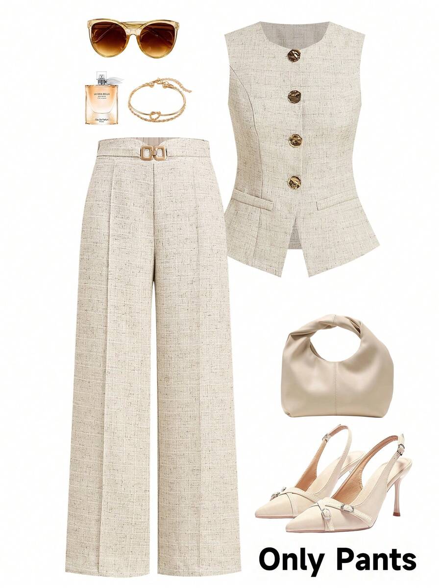 Gownix Pantalones de pierna ancha de tela texturizada elegante para mujer, pantalones largos para todo el año, versátiles para oficina, negocios, múltiples ocasiones, día de negocios, beige, otoño - Albaricoque - Ver 1