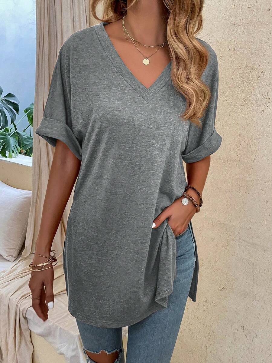 SHEIN Women's Casual Daily Commute Solid Color V-Neck Batwing Sleeve Loose T-Shirt, Summer - Grey - View 1