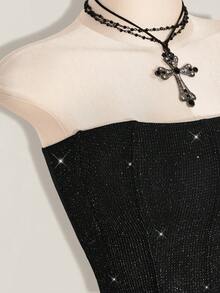 SHEIN ICON Áo camisole ôm sát, bóng bẩy, có khóa kéo dành cho nữ, thích hợp cho mùa hè. - màu đen - Xem 10