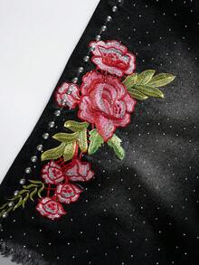ROMWE MEN Men's Loose Fit Denim Shorts With Sparkling Diamond Floral Embroidery - Black - View 4