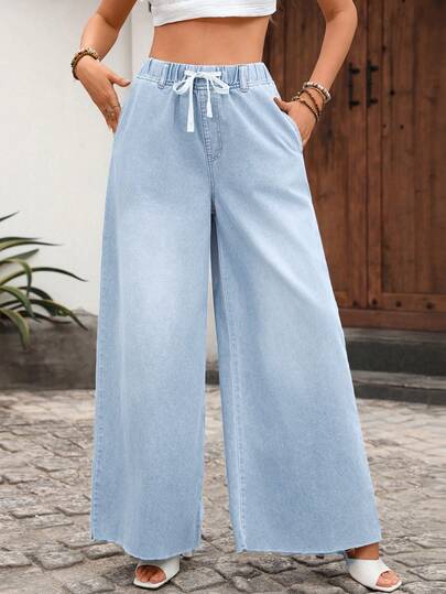 Breezaya Jeans anchos de pierna ancha lavados para mujer