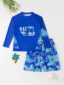 SHEIN 青少年男童休闲度假蓝色棕榈树印花长袖针织面料吊带泳衣套装，搭配沙滩短裤，时尚优雅，适合游泳和夏季海滩穿着。 - 藍色 - 查看 3