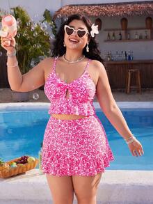 Swim Mod Conjunto de traje de baño de 3 piezas talla grande para mujer, bikini con volantes, estampado floral, tirantes finos, sexy y elegante para vacaciones de primavera/verano en la playa - Rosa Fucsia - Ver 6