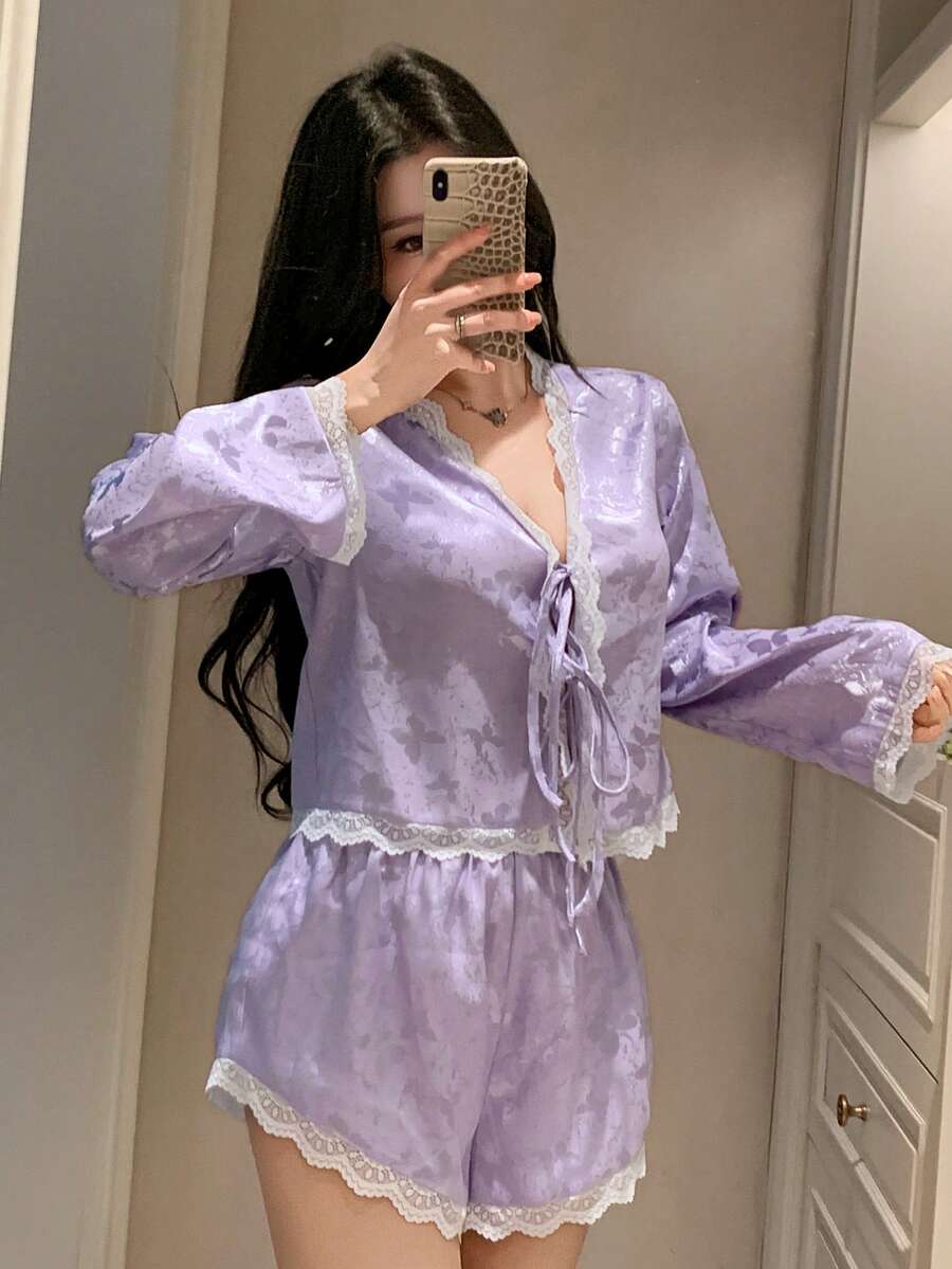 DAZY 两件套蝴蝶结装饰宽松开衫长袖短裤睡衣套装，春夏女士睡衣 - 紫色 - 查看 1