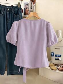 GlowEve CURVE Áo kiểu nữ cỡ lớn kẻ sọc, chất liệu giả vải lanh, tay ngắn, cổ vuông, kiểu dáng thường ngày, thích hợp cho mùa xuân/hè. - Màu tím hoa cà - Xem 2