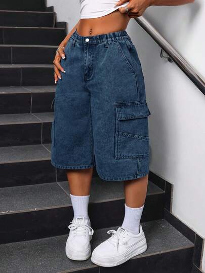 SHEIN ICON Plus Size Women Summer Casual Fashionable Street Bermuda Denim Shorts For Daily Commute