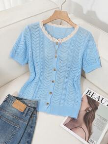 SHEIN Franclia Áo khoác cardigan dáng rộng thoải mái, cổ tròn, tay ngắn, khoét lỗ, phối viền tương phản, màu xanh nhạt, thích hợp cho mùa xuân/hè. - Màu xanh nhạt - Xem 4