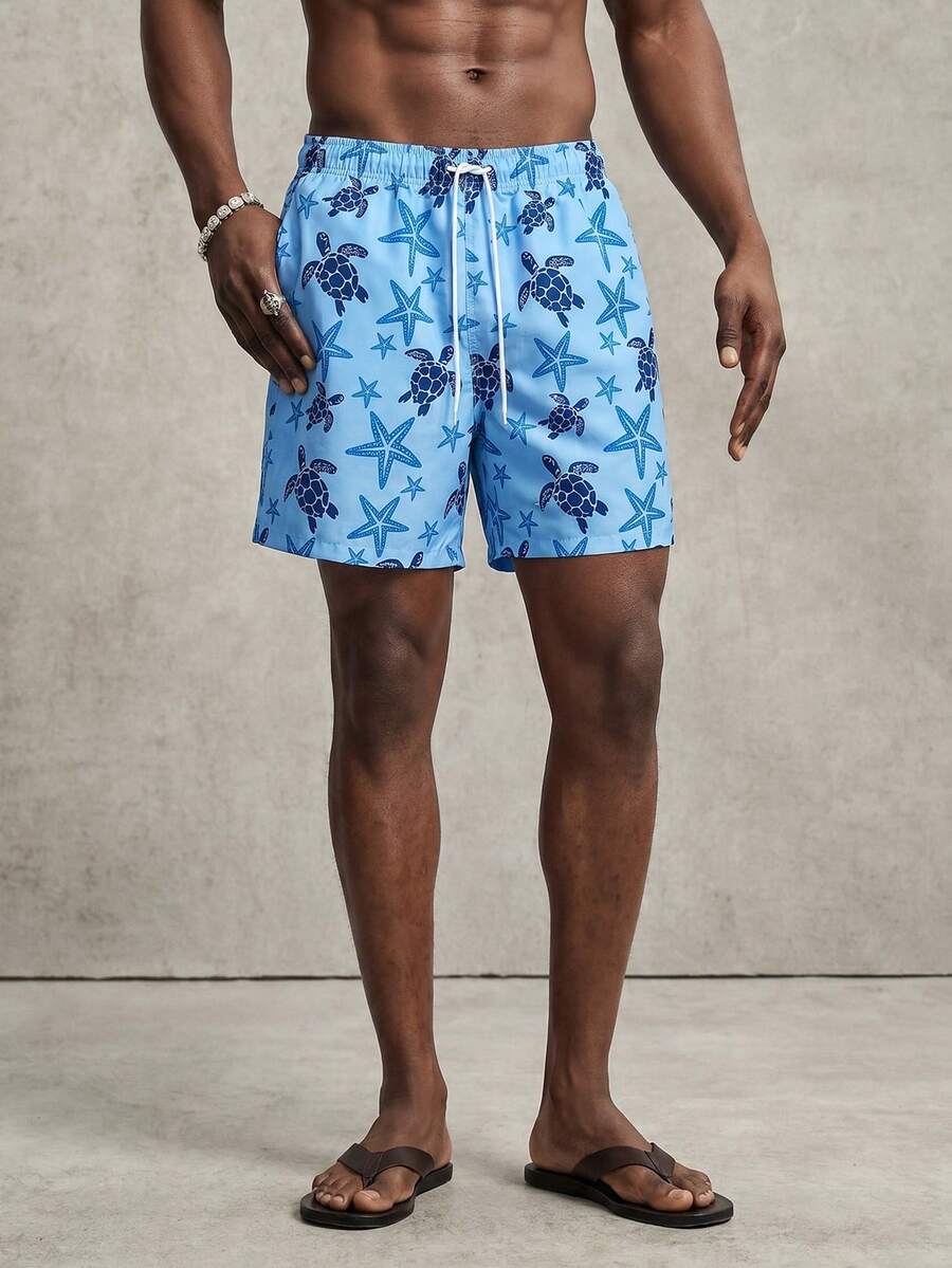 PAVTROS Men's Turtle & Starfish Printed Relaxed Beach Shorts Swim Trunks For Men Men Swim Shorts For Men Board Shorts Men Swim Trunks Matching Triangle Lining Blue Men Swim Trunks,Hawaiian - Multicolor - View 1