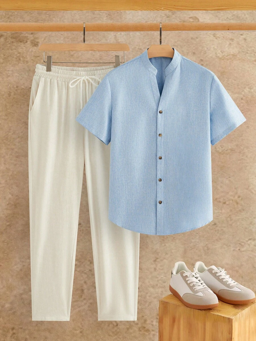 EASEVO Men's Plus Size Solid Color Short Sleeve Single-Breasted Shirt And Pants Casual Set - Multicolor - View 1