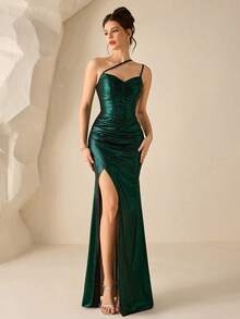 Đầm maxi nữ hở vai cổ yếm xẻ cao đến đùi, đầm dạ hội trang trọng (có đính họa tiết) - Màu xanh lá cây đậm - Xem 6