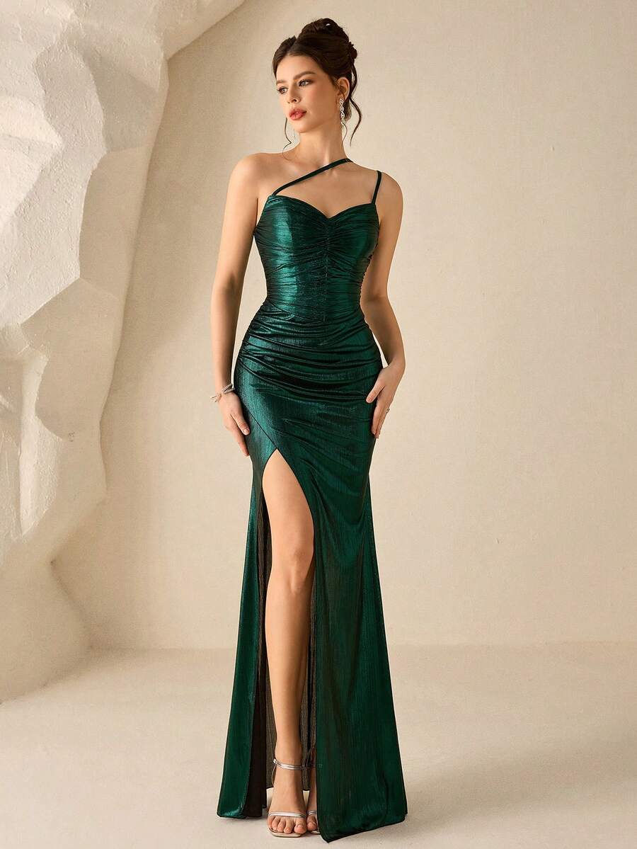 Women's Off-Shoulder Halter Neck Maxi Dress With Thigh High Slit, Formal Evening Gown (Embellished) - Dark Green - View 1