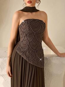 Coutiva Elegant Strapless Water-Soluble Pearl-Embroidered Backless 2 In 1 Dress,Formal Evening Gown With Full Skirt For Prom,Birthday Party&Wedding Reception - Brown - View 5