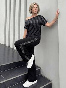 EMERY ROSE Elegant Modest Mother Women's Rhinestone Print Oblique Shoulder Top And Pants Set,Gold Summer Black Cruise Tracksuit Two Piece Matching Outfit Sets - Black - View 3
