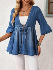 SHEIN Holidaya Áo khoác denim nữ buộc dây, nhún bèo, kiểu dáng thường ngày, đa năng. - Màu xanh lam - Xem 8