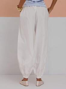MUSERA Quần ống rộng bằng vải cotton poplin, có chun co giãn, xếp ly ở gấu quần, kiểu dáng gợi cảm, dễ thương, thích hợp cho mùa xuân hè, đi nghỉ mát, đi chơi, phong cách nữ tính, cá tính. Có thể mặc khi trả phòng muộn. - trắng - Xem 2
