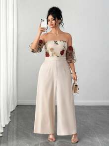 Elenzga Mono elegante con hombros descubiertos, bordado de rosas y malla floral para mujer de talla grande, con cintura ceñida, adecuado para fiestas y reuniones de primavera/verano - Albaricoque - Ver 3