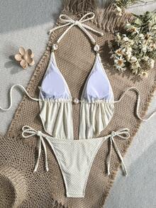Swim SXY Women's Spring/Summer Jacquard Fabric Halter Beaded Bikini Set - Apricot - View 4